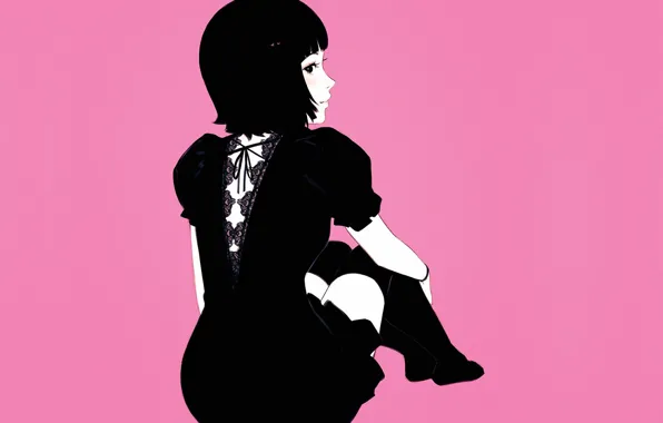 Картинка стрижка, брюнетка, черное платье, розовый фон, со спины, Илья Кувшинов