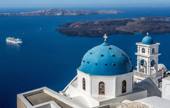 Картинка море, острова, Санторини, Греция, церковь, лайнер, купол, Santorini