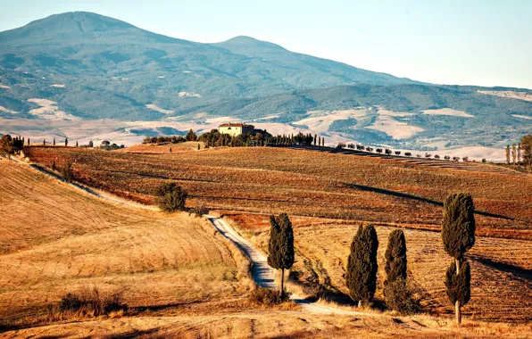 Картинка Tuscany, дом, Италия, горы, дорога, солнечный день
