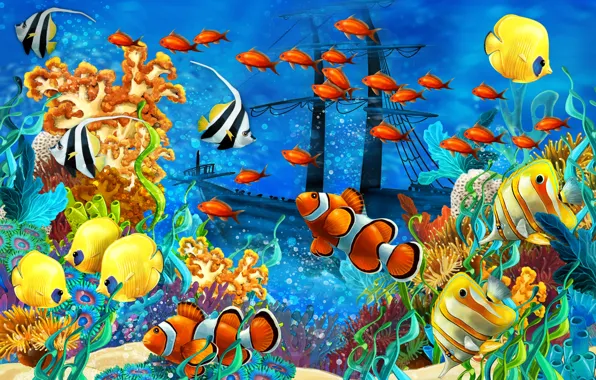 Картинка море, рыбы, водоросли, корабль, парусник, кораллы, морское дно