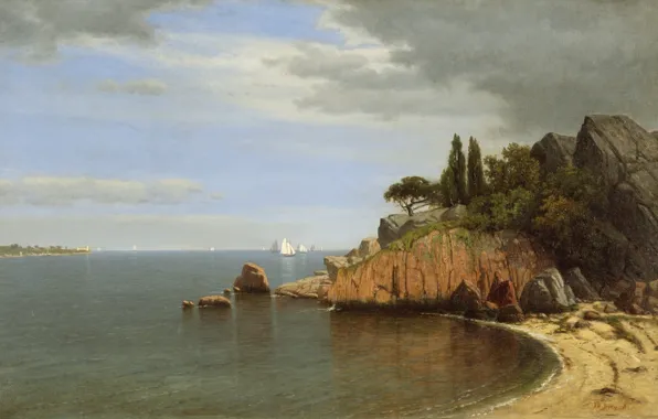 Море, небо, тучи, скалы, парусник, картина, залив