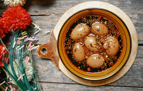 Цветы, яйца, букет, красные, миска, натюрморт, подставка, кунжут