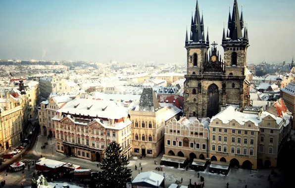 Зима, снег, город, люди, елка, Прага, Чехия, Prague