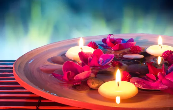 Картинка вода, цветы, свечи, орхидеи, water, flowers, Spa, спа