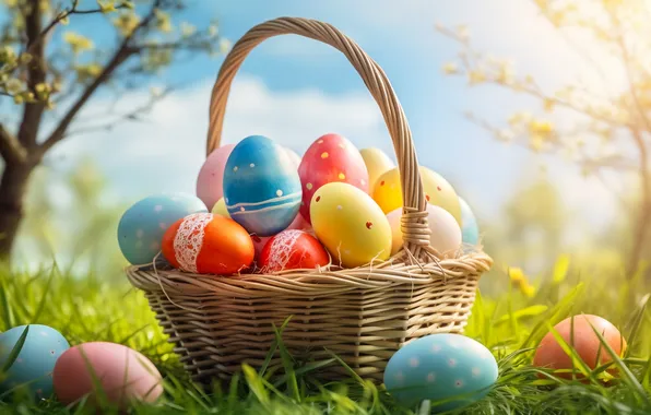 Картинка цветы, корзина, поляна, яйца, весна, colorful, Пасха, happy