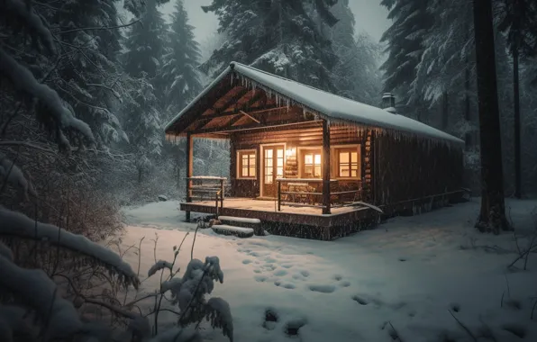 Картинка зима, лес, снег, ночь, Новый Год, мороз, Рождество, хижина