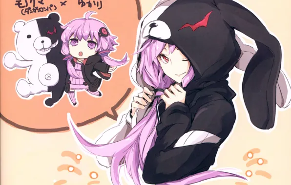 Улыбка, капюшон, vocaloid, чиби, ушки, art, розовые волосы, Yukari Yuzuka