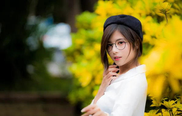 Красота, очки, азиатка, жест, beauty, размытый фон, asian, glasses