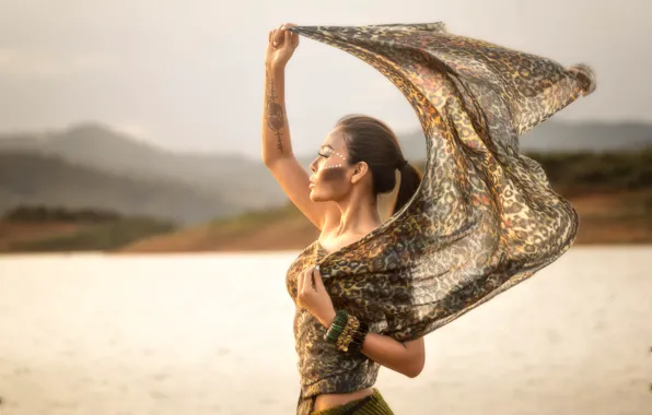 Girl, mountains, lake, wind
