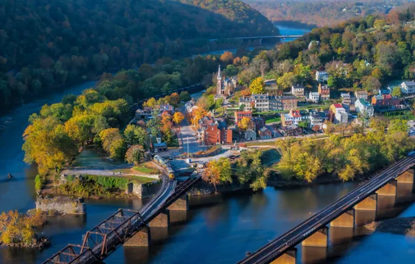 Картинка осень, деревья, город, здания, дома, мосты, реки, West Virginia