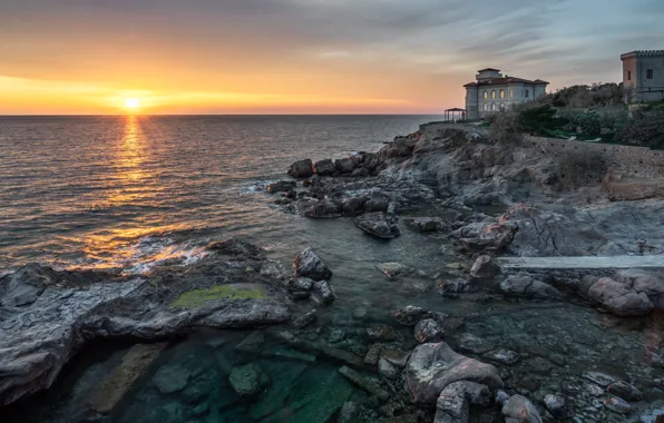Море, солнце, закат, камни, замок, рассвет, берег, Италия