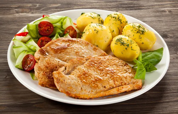 Тарелка, мясо, помидоры, салат, картофель