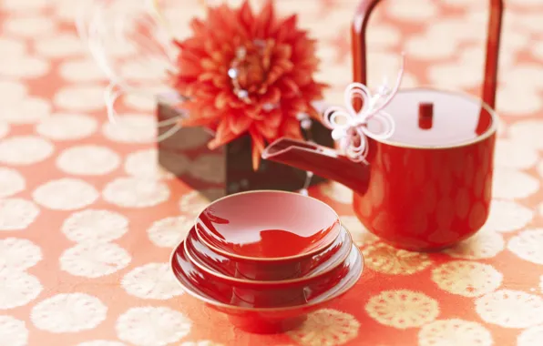 Картинка цветы, красный, чай, настроения, китай, япония, кофе, чашки