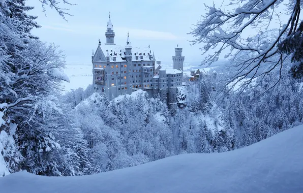 Зима, лес, снег, деревья, замок, Германия, Бавария, Germany