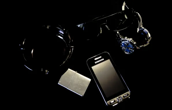 Часы, Zippo, зажигалка, очки, телефон, пепельница, Samsung, Swatch