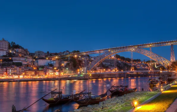 Мост, огни, река, дома, лодки, Португалия, Portugal, Porto