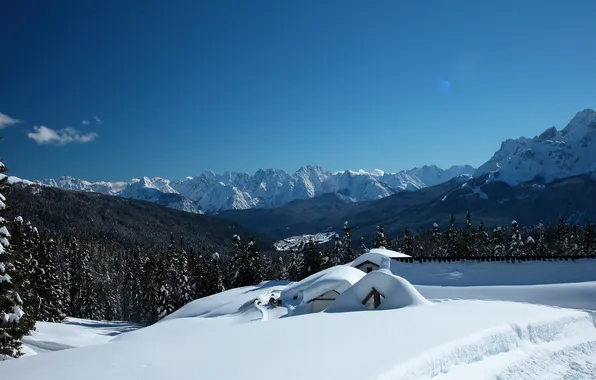 Картинка снег, пейзаж, горы, дом