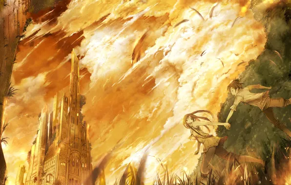 Картинка небо, девушка, замок, пара, парень, оранжевые тона