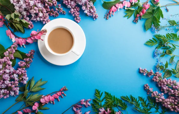 Картинка цветы, pink, flowers, сирень, coffee cup, lilac, чашка кофе