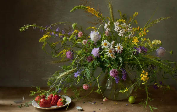 Цветы, ягоды, ромашки, букет, желтые, колоски, клубника, клевер