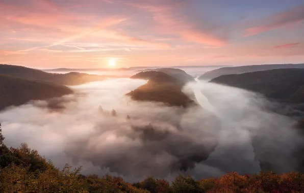 Туман, река, утро, Deutschland, Saarland, Nohn