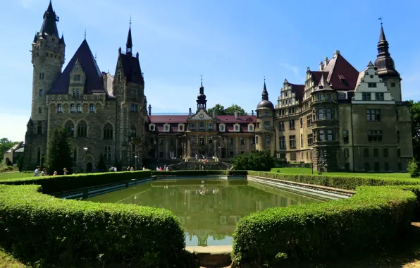 Картинка город, фото, замок, Польша, кусты, фонтаны, Moszna Castle