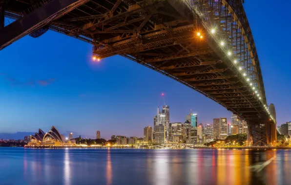 Картинка мост, здания, дома, Австралия, залив, Сидней, ночной город, небоскрёбы