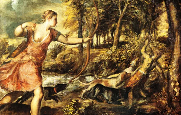 Картина, Тициан, мифология, Tiziano Vecellio, Смерть Актеона