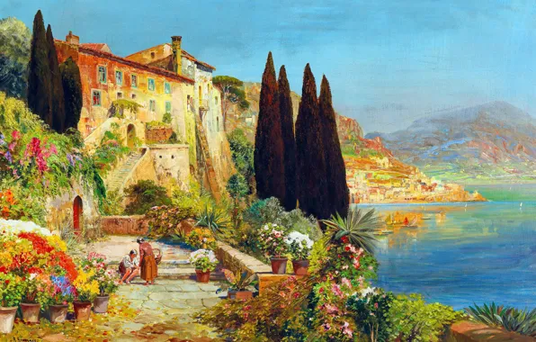 Цветы, Вода, Дома, Картина, Побережье, Alois Arnegger, Алоис Арнеггер, Австрийский живописец