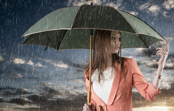 Картинка девушка, облака, дождь, зонт, шатенка