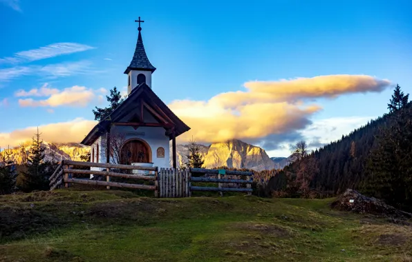 Картинка закат, горы, часовня