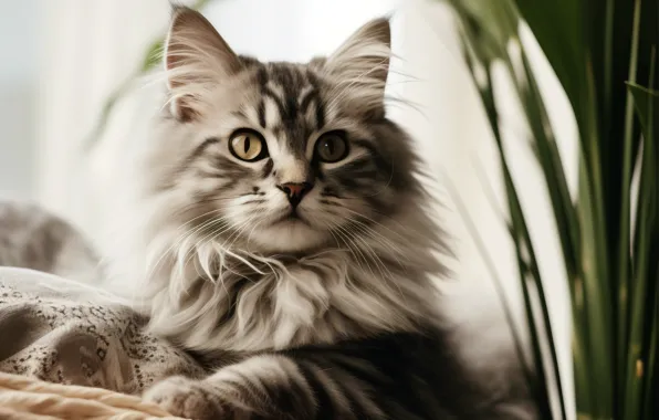 Кошка, взгляд, листья, свет, поза, котенок, серый, растение