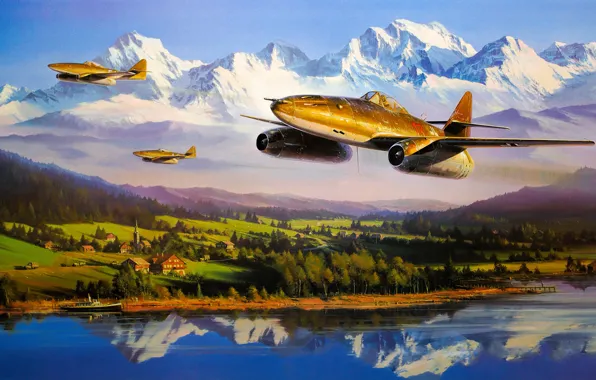 Картинка war, art, airplane, painting, jet, ww2, Messerschmitt Me 262