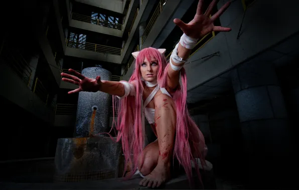 Девушка, ленты, кровь, Elfen Lied, ушки, Lucy, cosplay