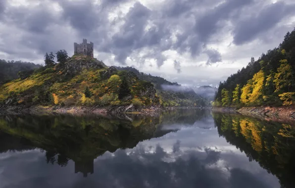 Облака, деревья, туман, озеро, отражение, замок, Франция, зеркало
