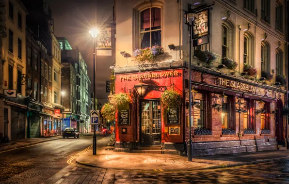 Картинка ночь, улица, Англия, Лондон, фонари, кафе, England, City By Night