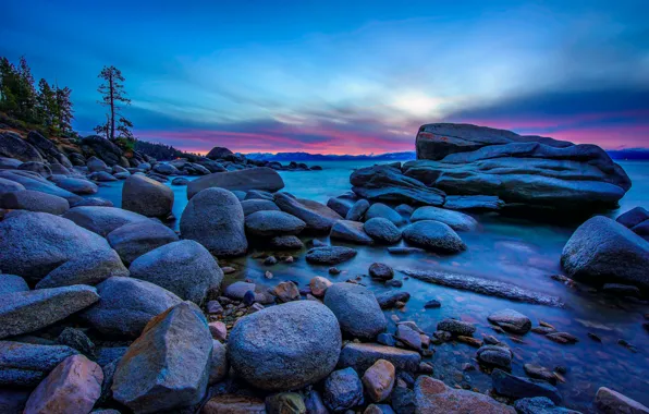 Картинка пейзаж, закат, природа, озеро, камни, берег, Калифорния, США