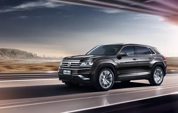Дорога, car, машина, небо, движение, Volkswagen, black, большая машина