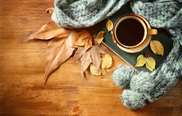 Картинка осень, листья, кофе, шарф, чашка, hot, autumn, leaves