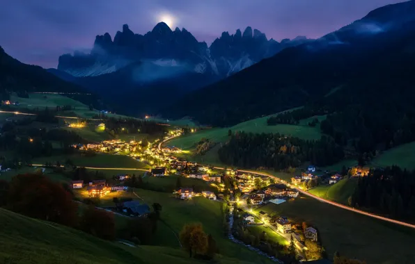 Картинка свет, горы, ночь, долина, Альпы, поселок