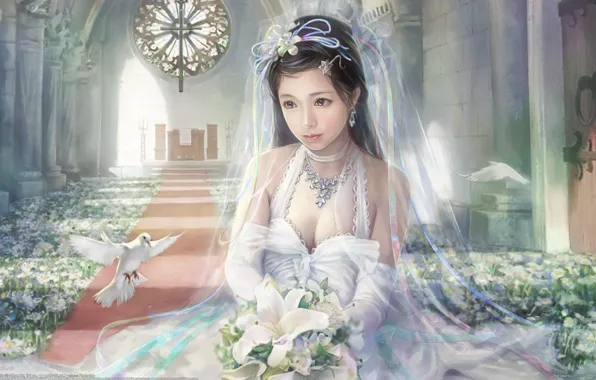 Картинка девушка, цветы, красота, букет, голуби, I-Chen Lin, невеста