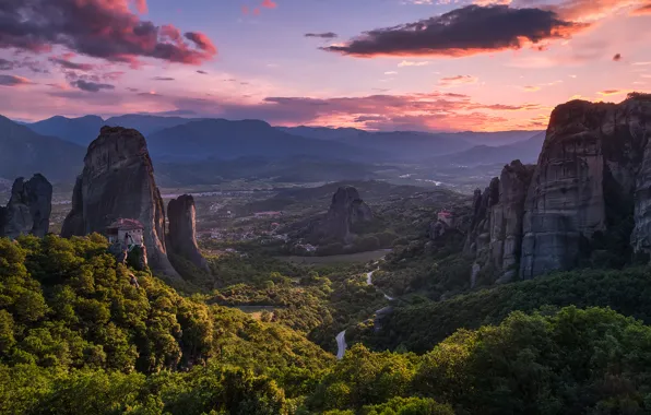 Горы, Греция, долина, панорама, Greece, Meteora, Thessalian Plain, Thessaly