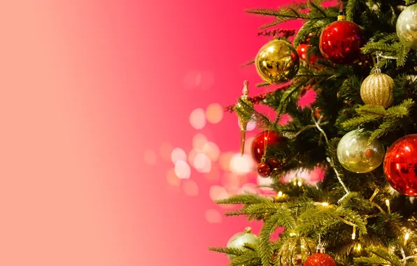 Картинка шарики, шары, Рождество, Новый год, ёлка, гирлянды, розовый фон, ёлочные украшения