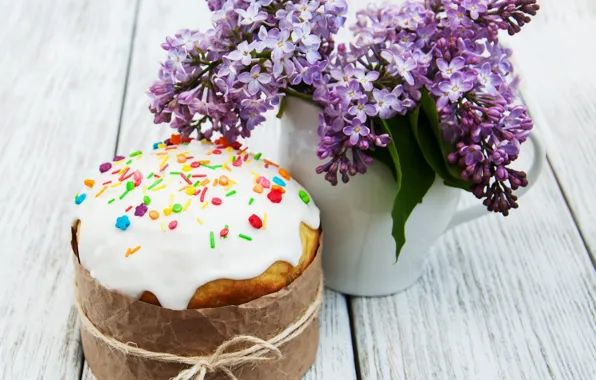 Цветы, доски, букет, пасха, ваза, кулич, выпечка, сирень