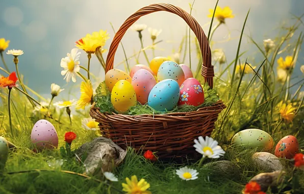 Картинка цветы, корзина, поляна, яйца, весна, colorful, Пасха, happy