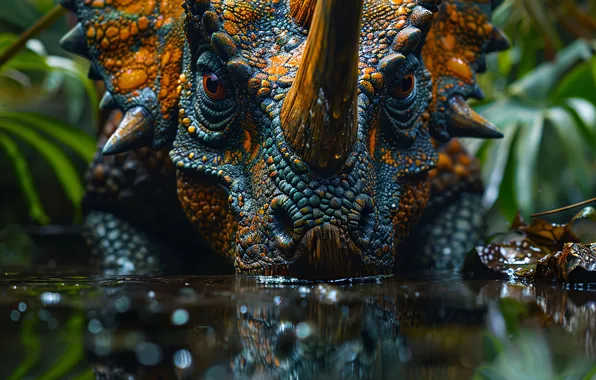 Вода, Морда, Динозавр, Рога, Triceratops, Животное, Цифровое искусство, Крупным планом