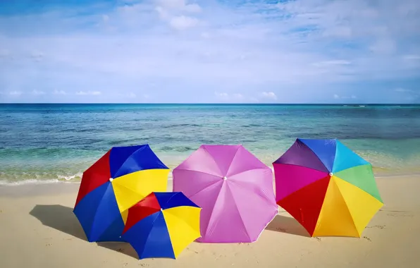 Картинка песок, море, пляж, лето, небо, горизонт, зонты