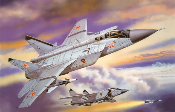 Картинка небо, облака, рисунок, арт, действия, сверхзвуковые, МиГ-31, дальнего