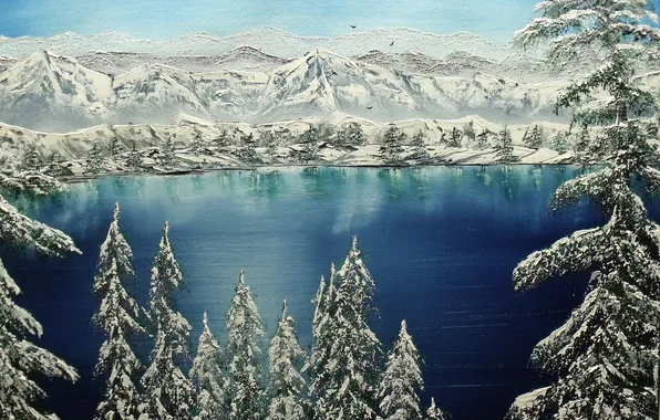 Картинка зима, снег, деревья, горы, природа, живопись