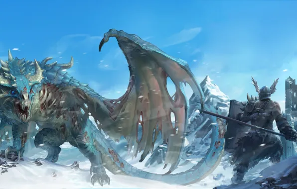 Картинка fantasy, Dragon, tower, armor, weapon, wings, tail, mountains